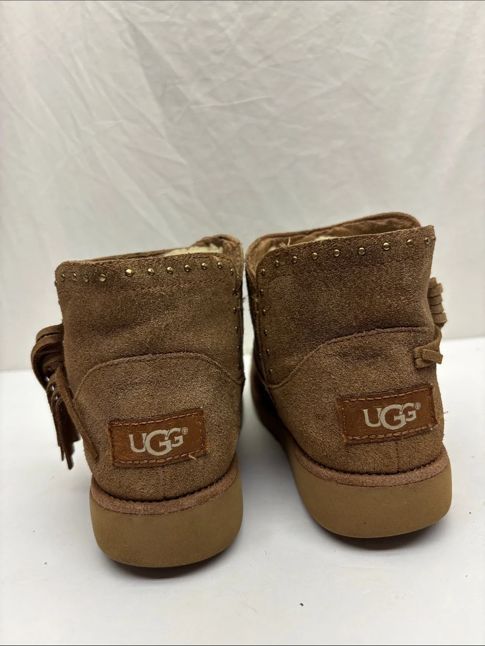 UGG Women’s Suede Fringe Ankle Bootie in Brown, size 3 for little girl, box 74